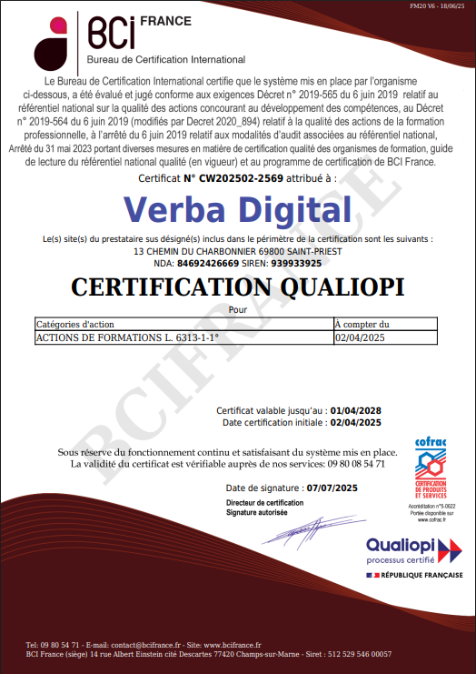 Certificat Qualiopi - Verba Digital